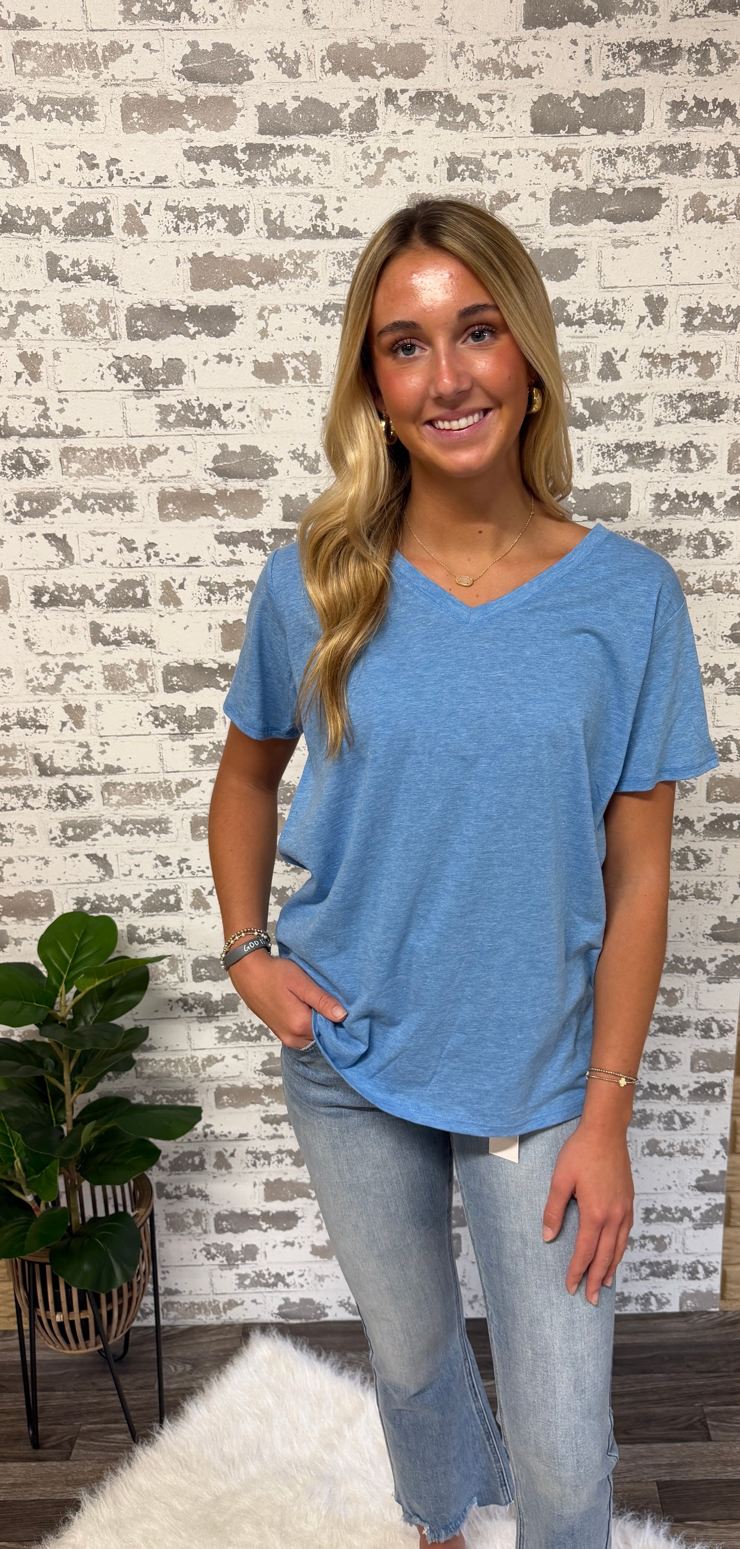 Back to the Basic Heathered Blue V Neck