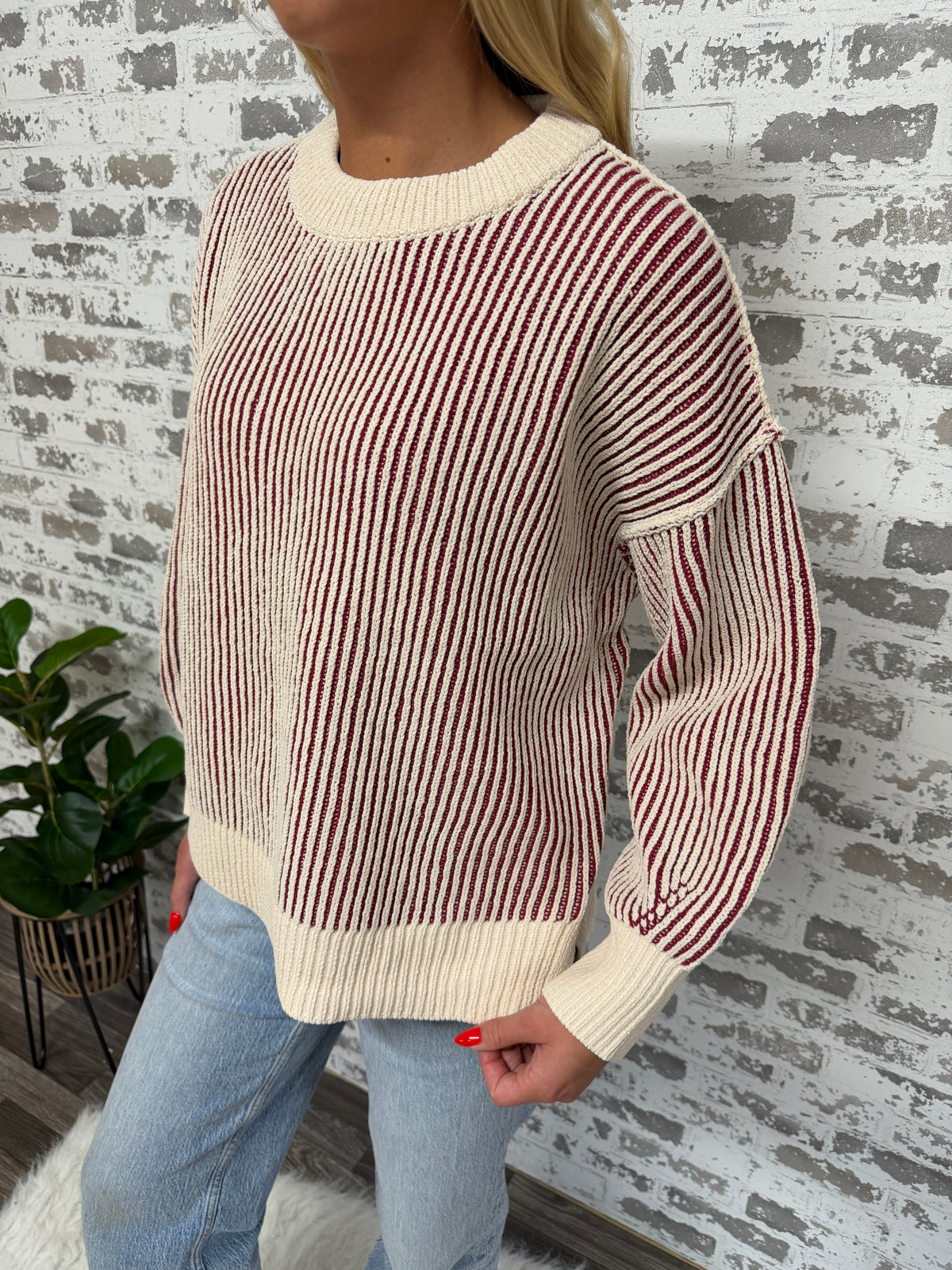 Hailee Ribbed Cabernet Contrast Sweater