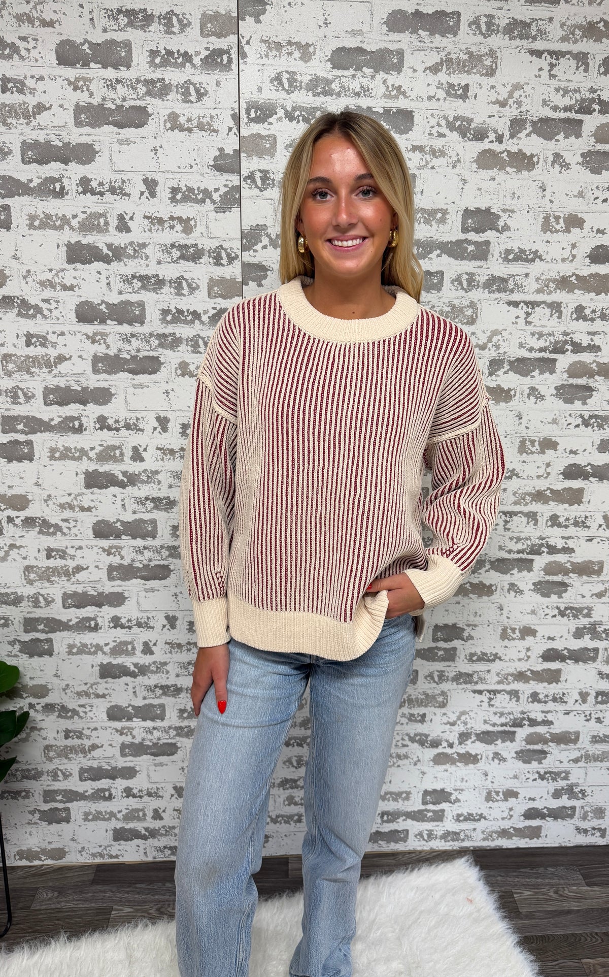 Hailee Ribbed Cabernet Contrast Sweater