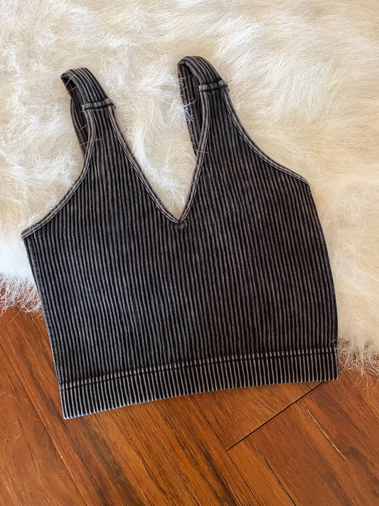 Washed Ribbed Black Cropped V-Neck Tank