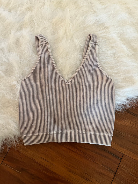 Washed Ribbed Cropped V-Neck Tank