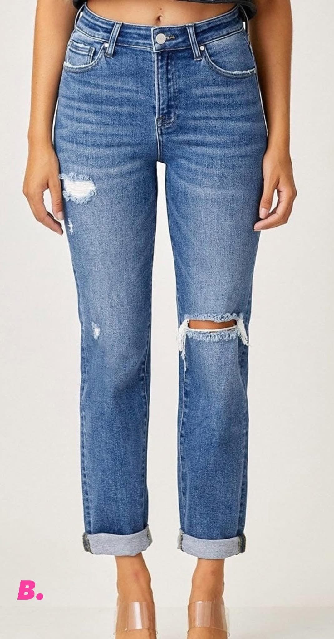 Riley Distressed Girlfriend Rollup Denim