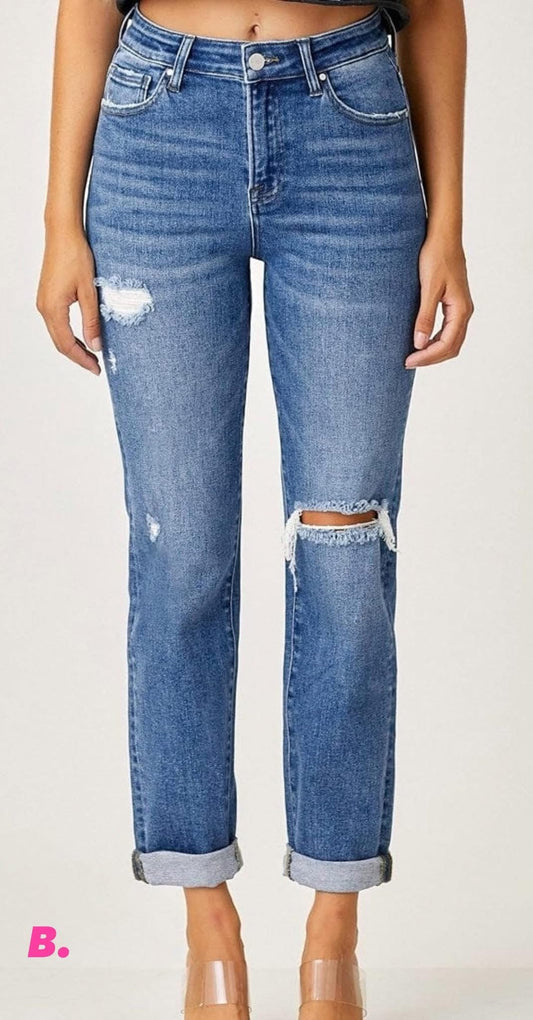 Riley Distressed Girlfriend Rollup Denim